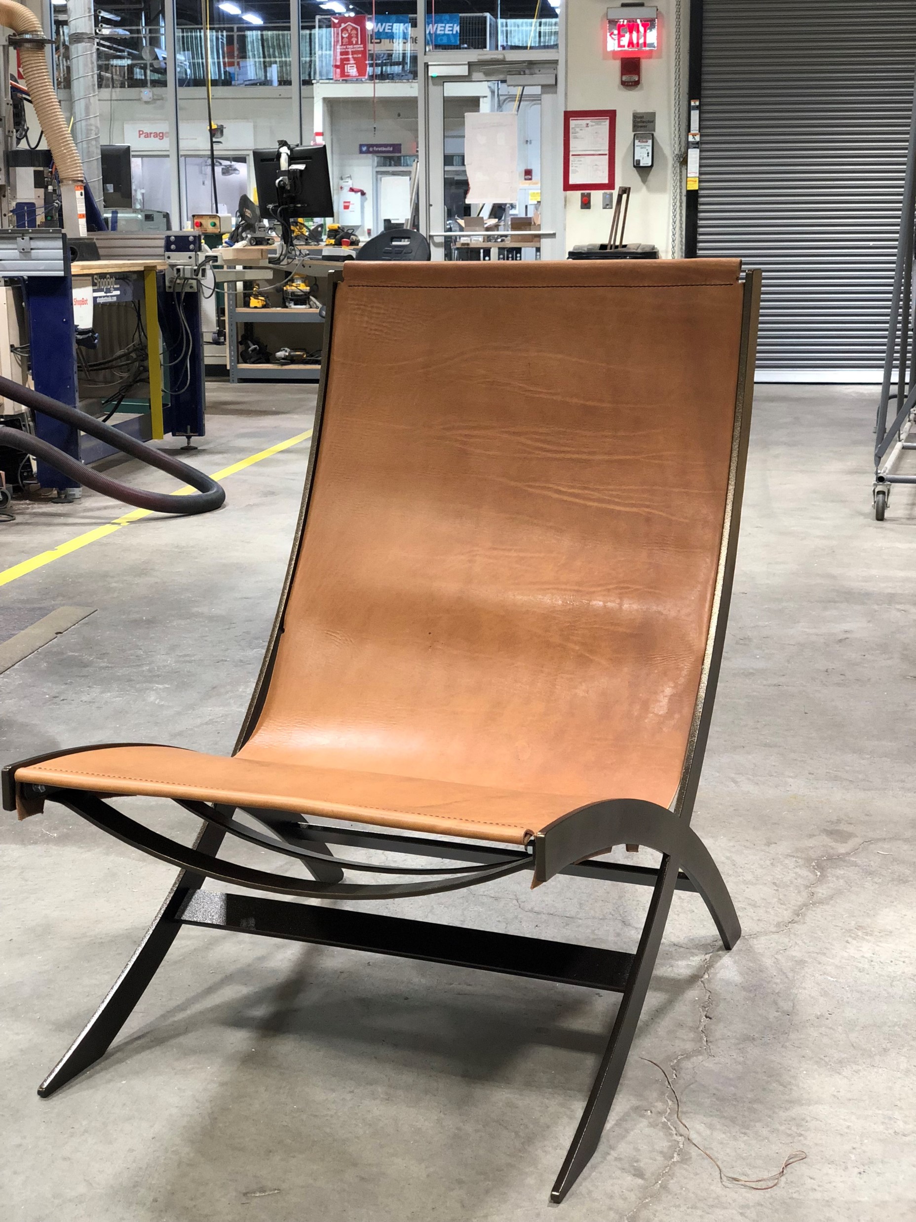 Metal and Leather chair fabricated at FirstBuild at CoCreate